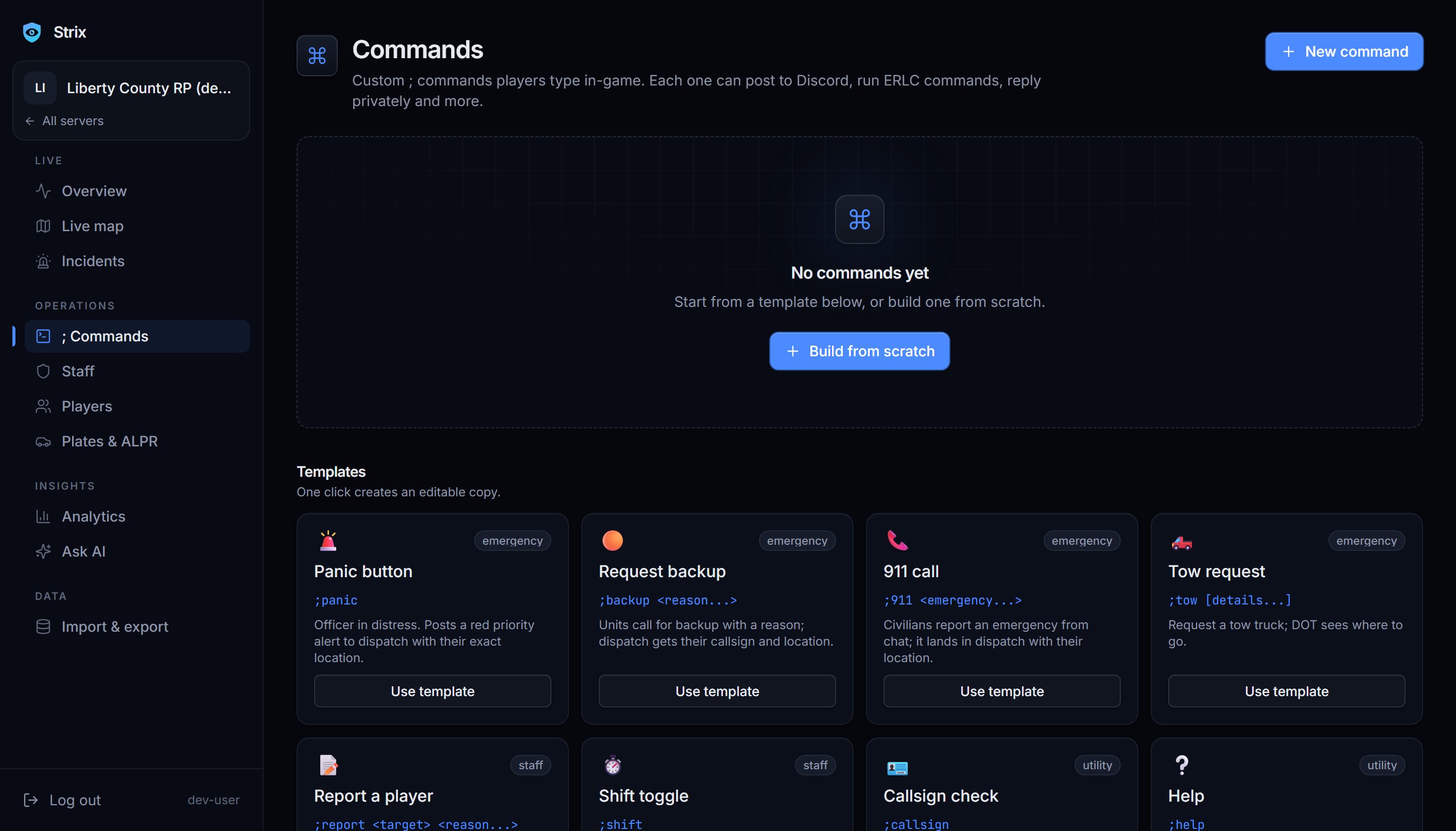 The ; Commands page where custom in-game commands are built: the trigger, what it says and where it goes